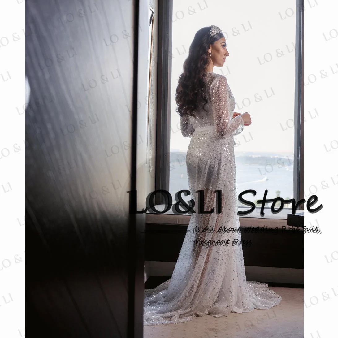 LO&LI Sequins Bridal Robe Wedding Luxury 2023 Floor Length Wedding Gown For Women Bride Customized Birthday Photo Shoot Outfit