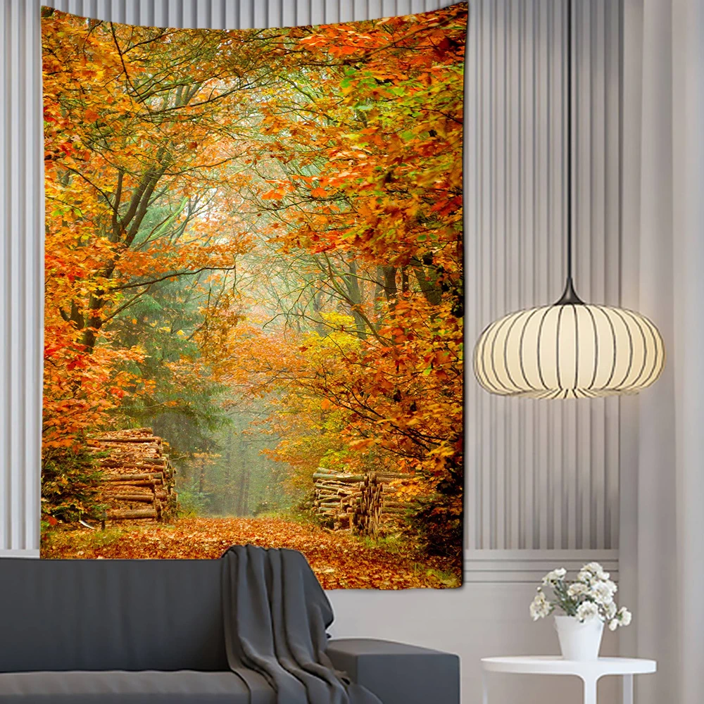 Wind and Maple Forest Wall Hanging, Red Leaves, Bedroom Wall Blanket, Curtains, Home Decor