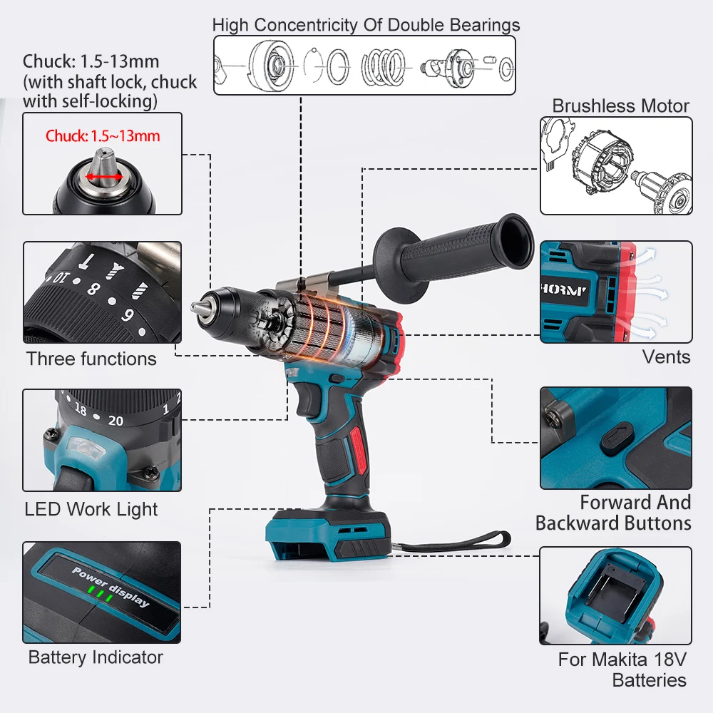 Hormy Brushless Electric Screwdriver Batteryless 150N.m Three-Function Double Speed Impact Drill for makita 18V Lithium Battery