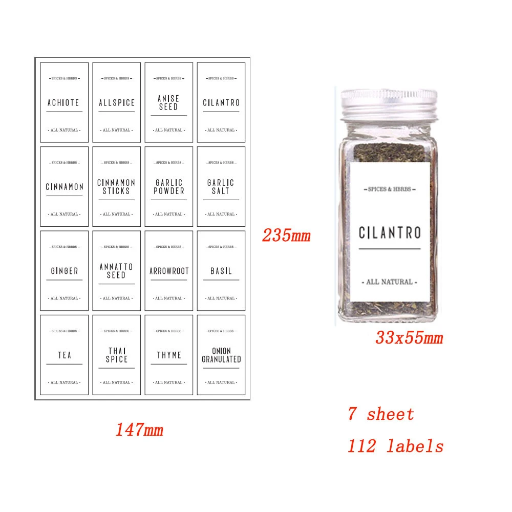 7 Sheets Minimalist Spice Label Set Black Text on Vinyl Waterproof Label Sticker with Removable Adhesive Square Seasonings Label