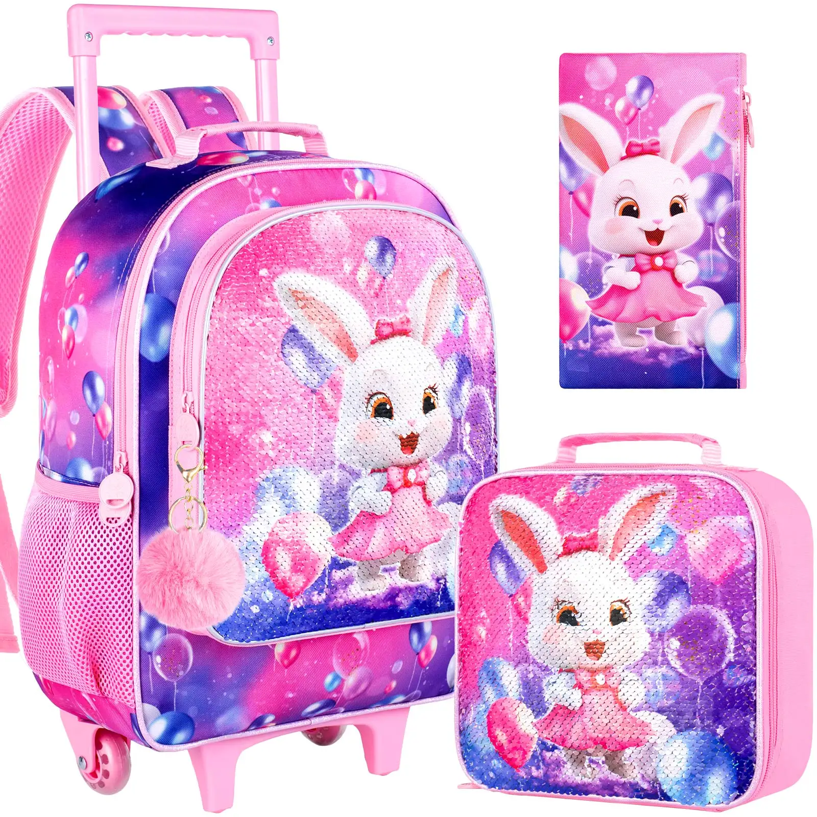 

Набор из 3 школьных рюкзаков на колесиках для девочек, детский рюкзак-тележка с колесами, рюкзак-книжница с кроликом