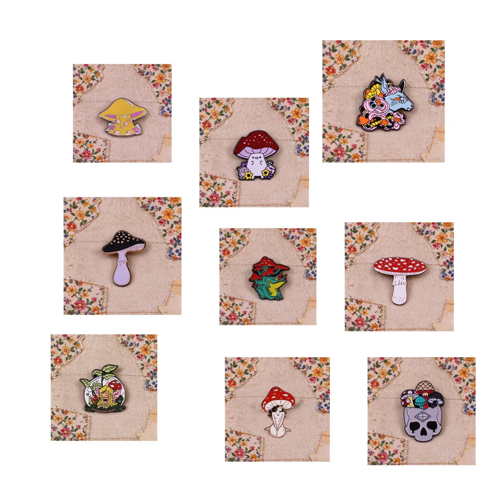 Mushroom Enamel Pins Cartoon Fairy Unicorn Skull Brooches Cute Plant Lapel Pin Badge for Backpack Clothing Jewelry Gift