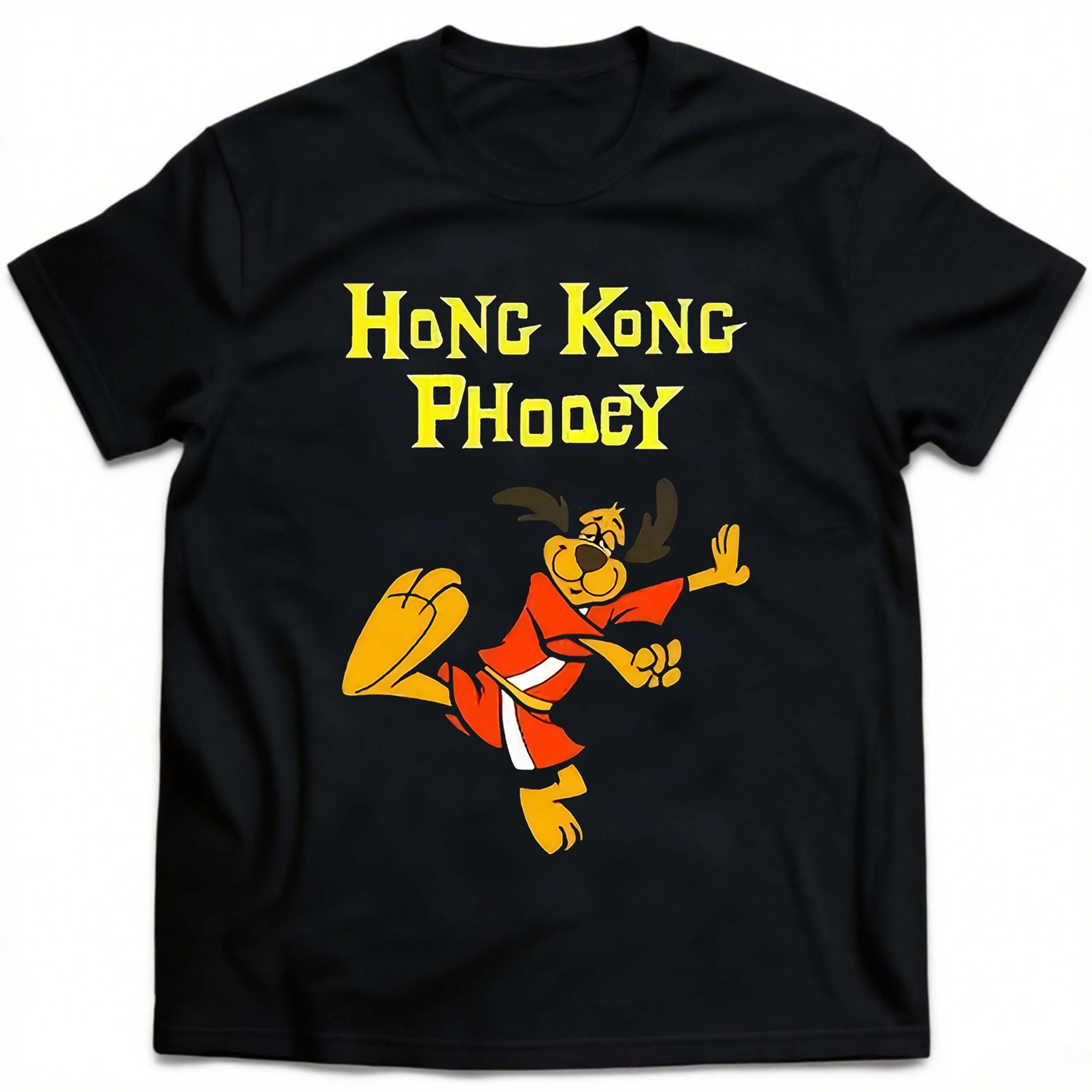 Camiseta plus size Hong Kong Phooey com estampa de desenho animado preta de manga curta adequada para lazer ao ar livre no verão