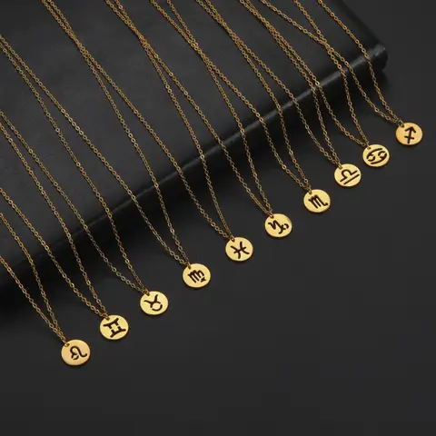 Kkjoy Stainless Steel Star Zodiac Sign Necklaces 12 Constellation Choker Pendants Necklace Aries Libra Leo Collier Birthday Gift