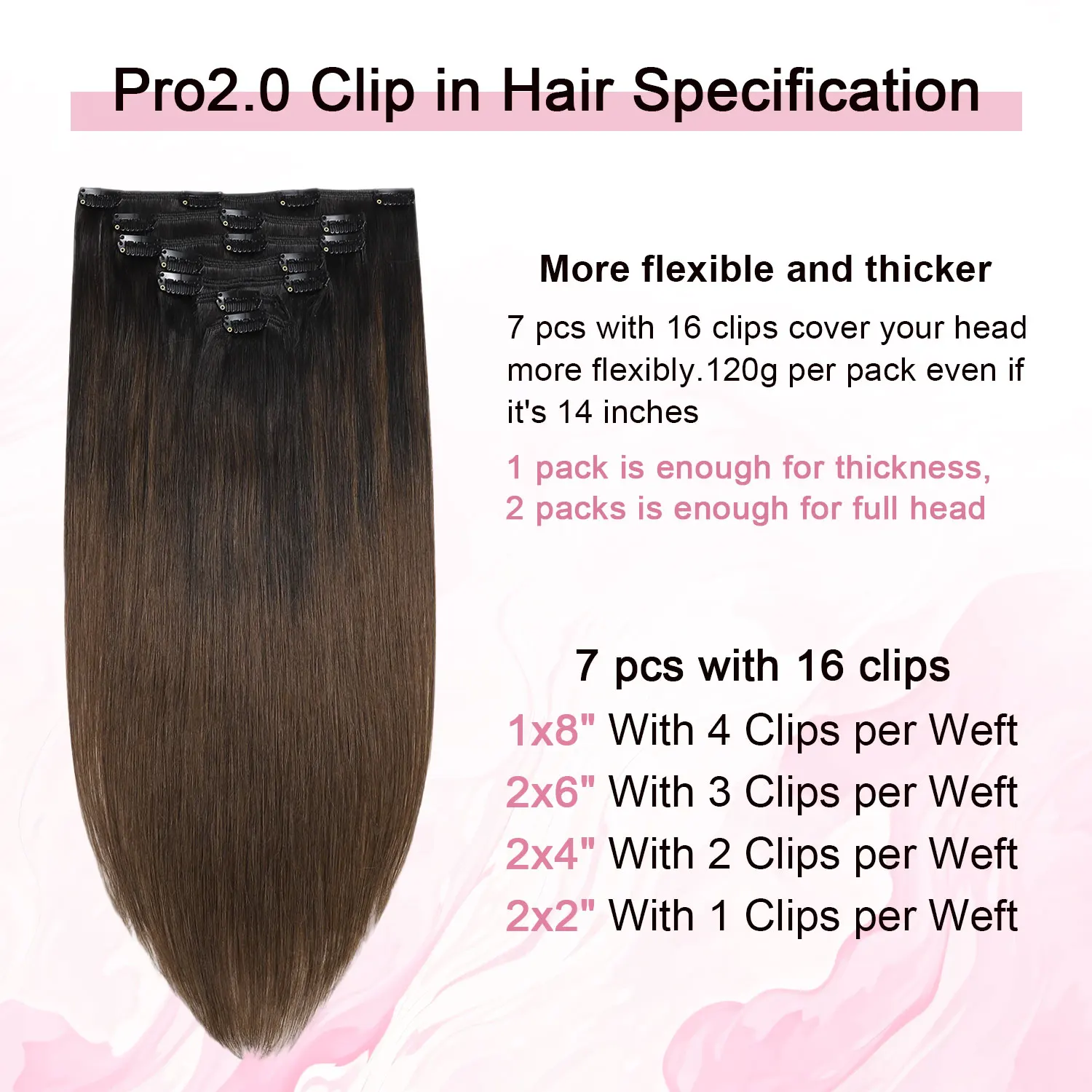Sweetmet Pro2.0 Clip-in Hair Extensions 120g Thick 7pcs #1BT4 Natural Black to Middle Brown Remy Human Hair Seamless Double Weft for Women