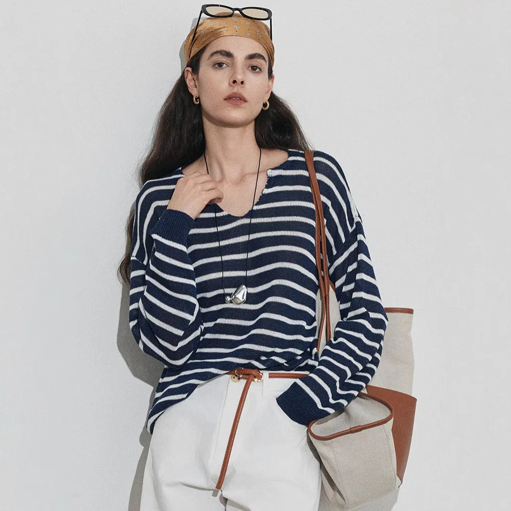 

2025 Fall New Arrival Old Money Aesthetic Breton Top - Cool-Touch Design, Stylish V-Neck Striped Knit Cardigan