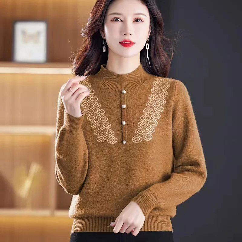 Women's Jacquard Knitted Sweater Winter Warm Sheep Wool 100% Solid Fashion Knitwear Casual Solid Pullovers Female Top