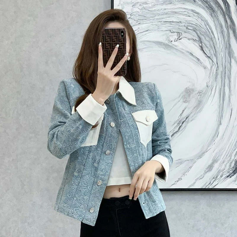 

Women Spring Autumn Versatile 2024 New Short Jacket Blue Small Fragrant Wind Outwear Female Korean Style Fashion Loose Outcoat