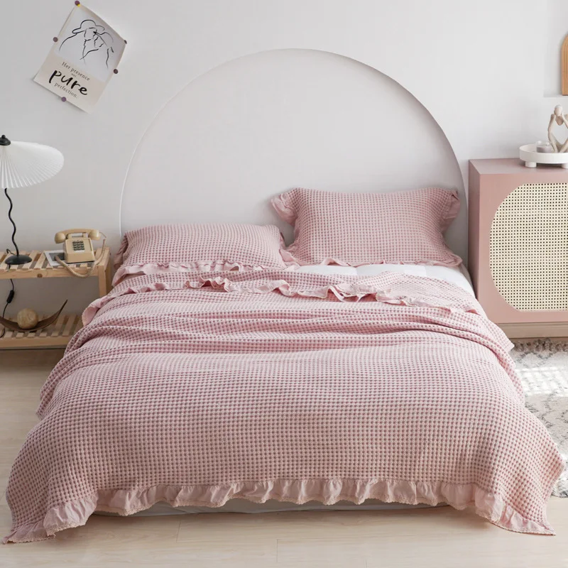 100% Cotton Waffle Plaid Blanket 150x200CM Machine-Washable Lace Decorated for Bed Sofa Car Travel Afternoon Nap Use