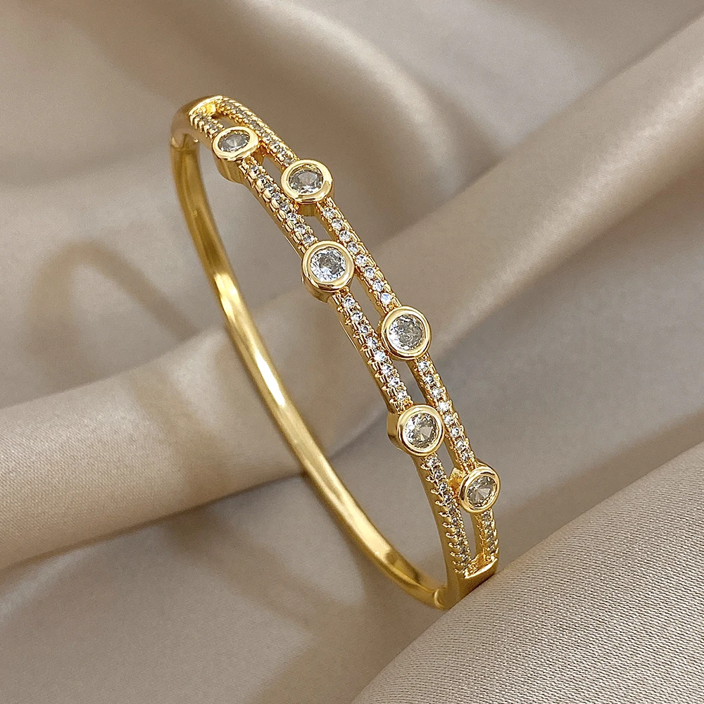 Einzigartige doppellagige Strass-Armreif für Damen, modisch, vergoldetes Kupfer, Manschettenarmband, Schmuck, Geschenke
