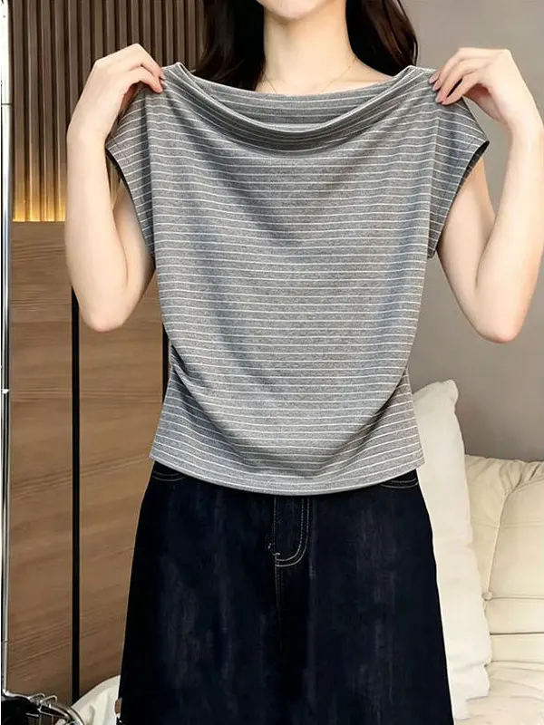 

Korean Style Slimming Stripe Splicing Short Sleeve Women's T-shirt Summer 2026 New Design Sensation Waist-Cinching Top