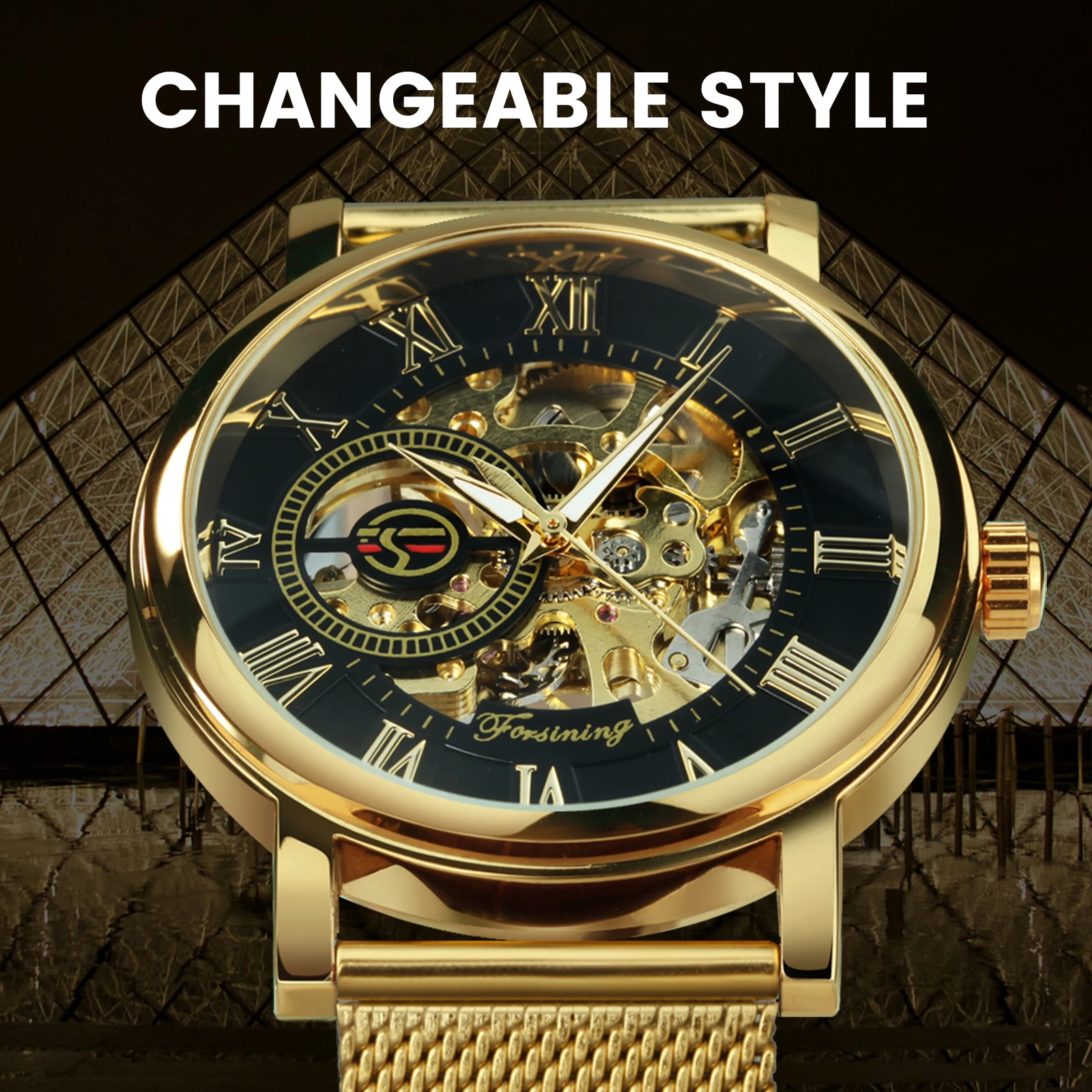 Forsining Classic Gold Mechanical Watch Retro Transparent Skeleton Mens Watches Top Brand Luxury Mesh Stainless Steel Strap Glow