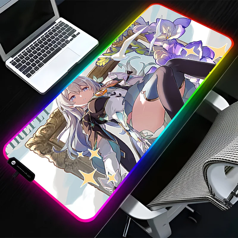 RGB LED Mouse Pad Desk Mat Computer Gaming HD Keyboard Pad Mousepad Rubber Mat Non Slip H-honkai Star Rail Aventurine Mouse Mat