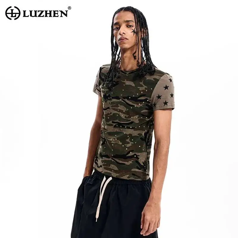 LUZHEN Pentagram Printed Splicing Short Sleeve 2026 Summer Camouflage Round Neck T-shirt Men's Stylish Handsome Male Tops JY7466