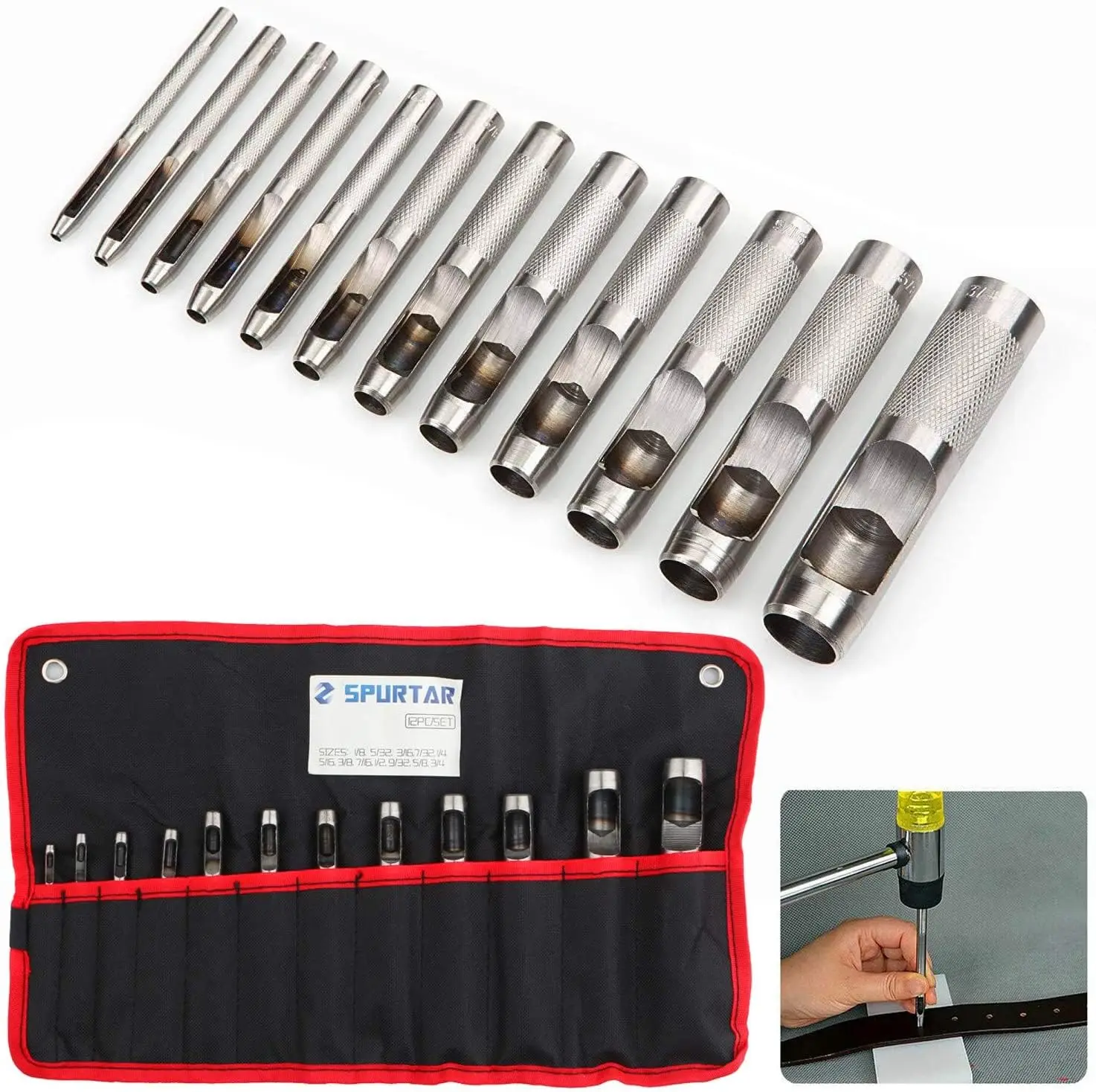 

12-Piece Steel Hollow Leather Punch Set with Sizes 1/8''-3/4'' for Gaskets, Belts, and Soft Materials, Includes Storage Bag