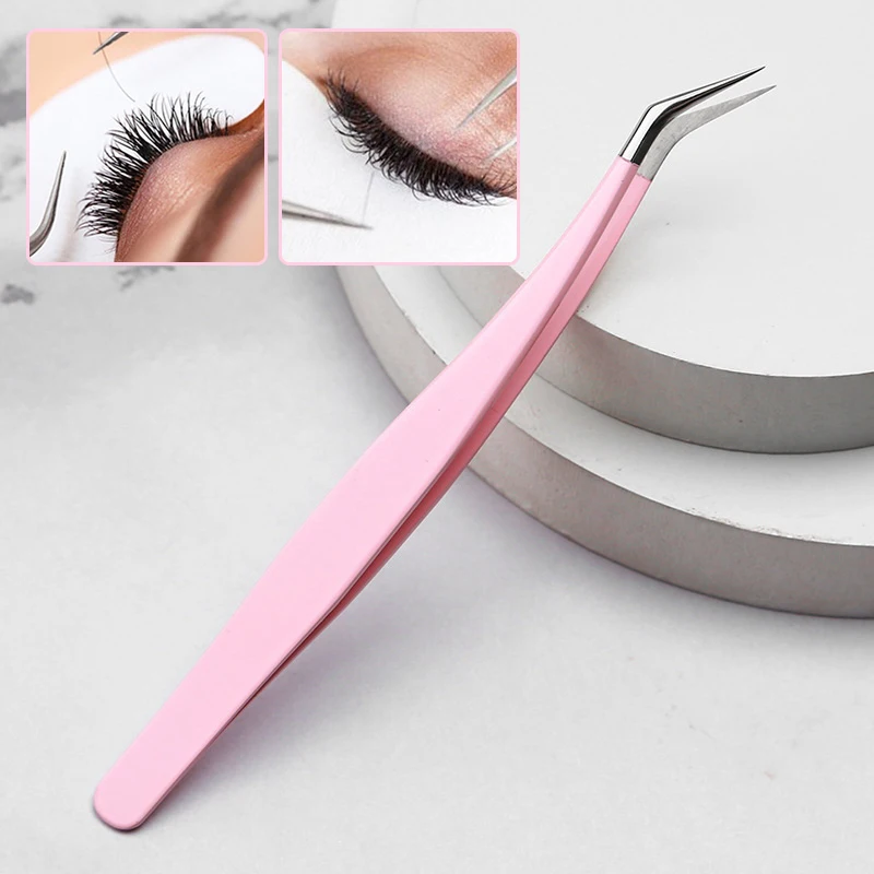 1Pcs Eyelash Tweezers Extension Pink Stainless Steel Superhard Tweezers With Fiber Tips High Precision Anti-Static Tweezers