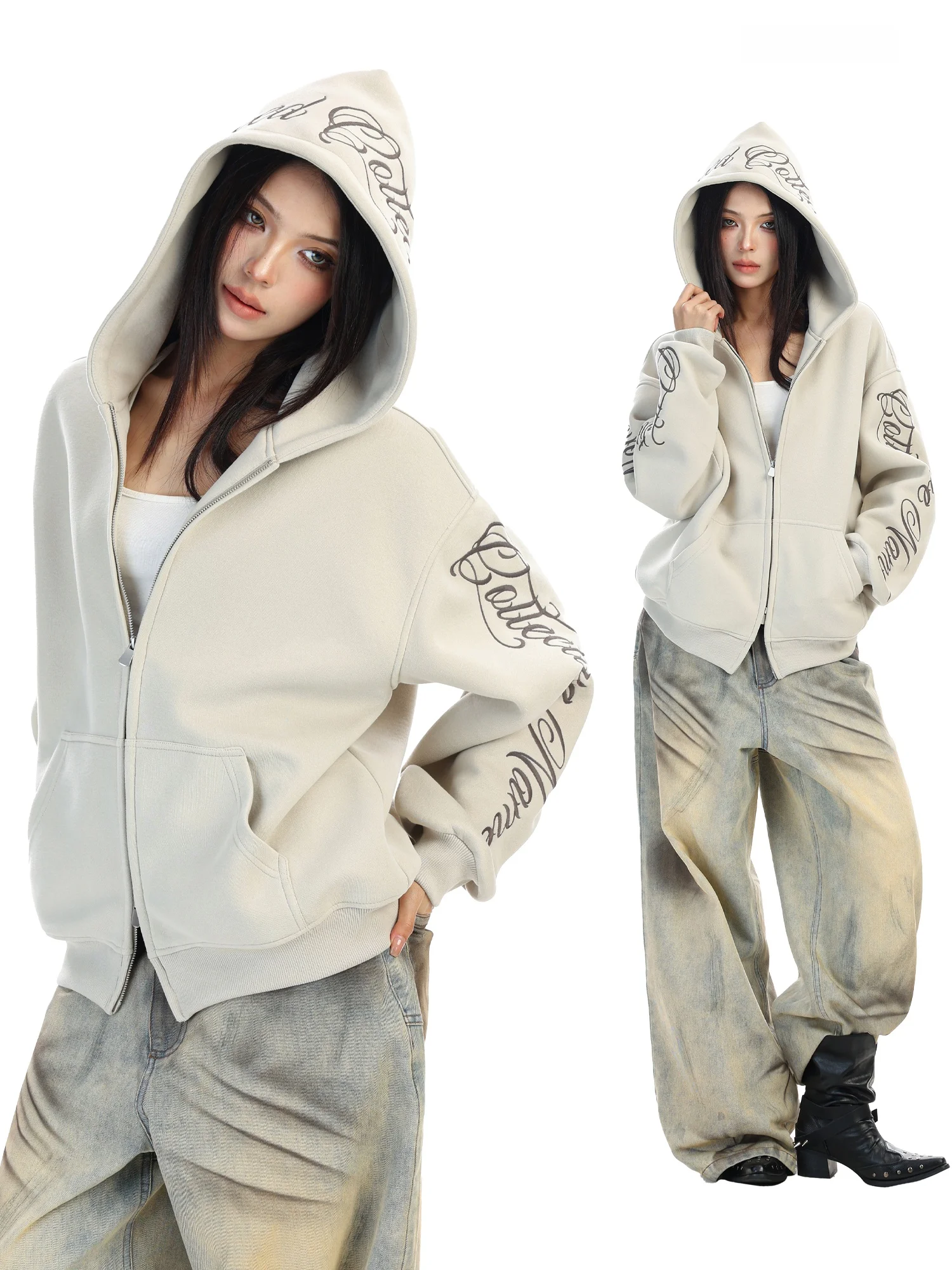 

Biggold American Embroidered Letter Hoodie Women's Loose Casual Versatile Open Cardigan Outerwear Trendy Spring Long Sve