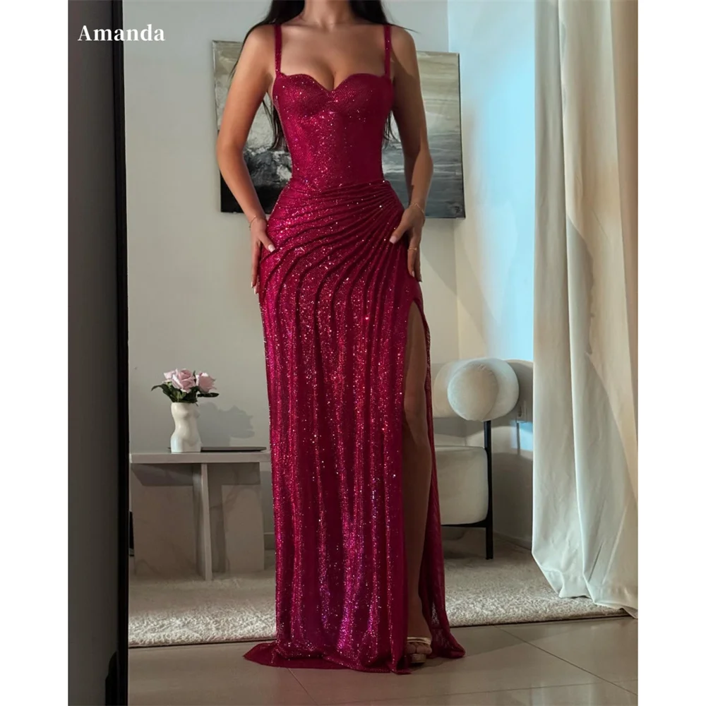 أماندا مخصصة لامعة بورجوندي غمد بلا أكمام فستان حفلة موسيقية السباغيتي حزام Sexyvestidos de noche طول الأرض مساء رسمي