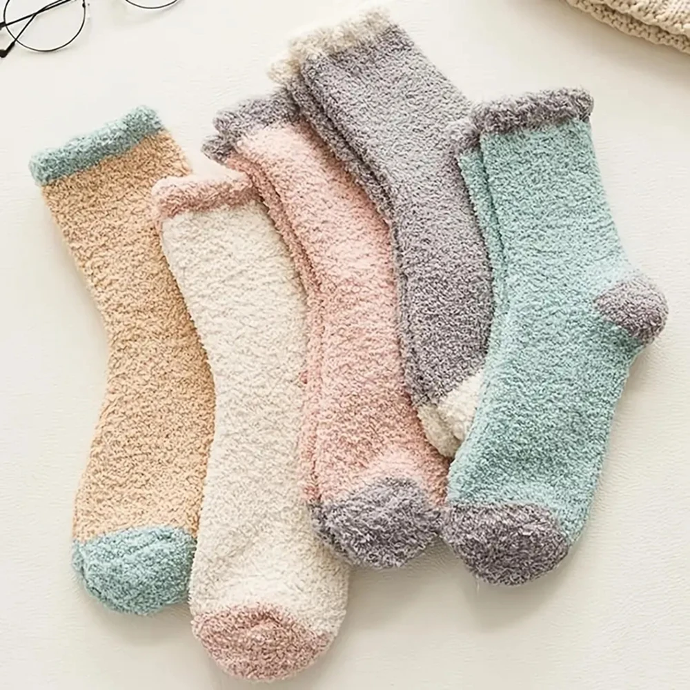 5 Pairs Women\'s Warm Coral Plush Socks Soft Fluffy Casual Thickened Wool Socks Medium Sleeve Home Girls\' Sleeping Floor Socks