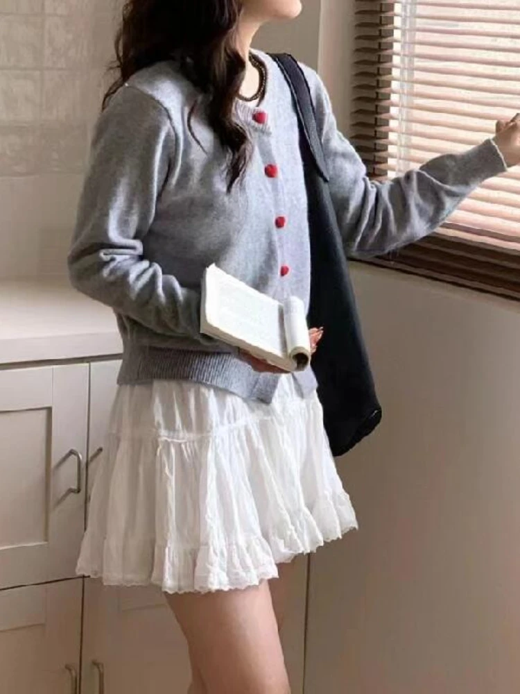 Трикотажный кардиган с перевязанным вырезом, женский свитер с длинным рукавом на осень/зиму, винтажный корейский модный свитер реглан с пуговицами в форме сердца, верхняя одежда, куртка