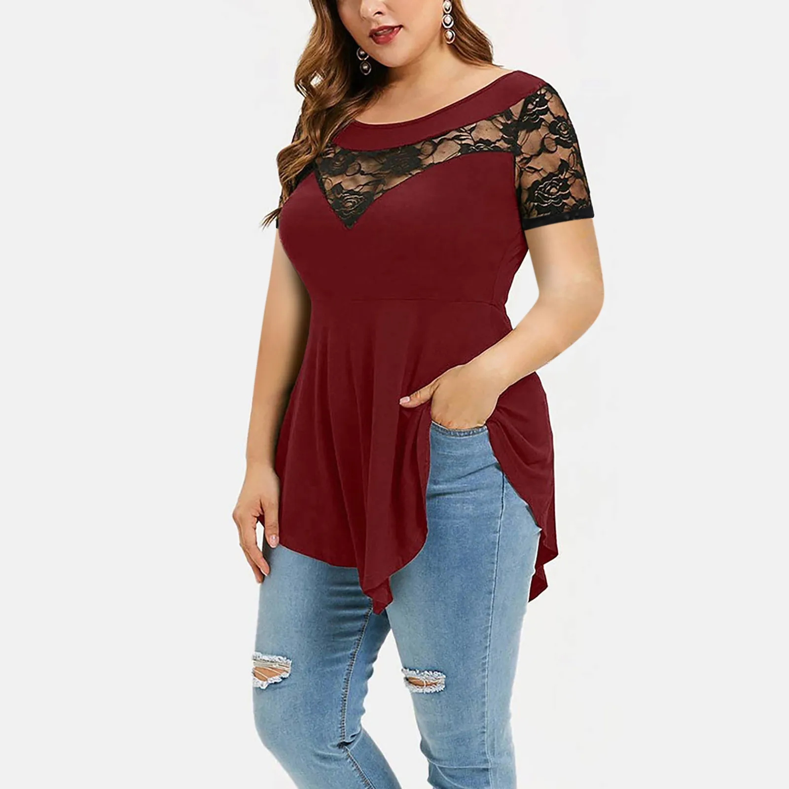 Top Female Women\'S T-Shirt Plus Size Women Solid Floral Lace  Asymmetric Three Quarter Tops Blouse Roupas Femininas футболка жен