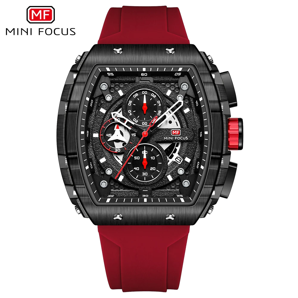 MINI FOCUS Men Quartz Watch Creative Unique Outdoors Sports Chronograph Date Silicone Strap Barrel Shape Male Watches