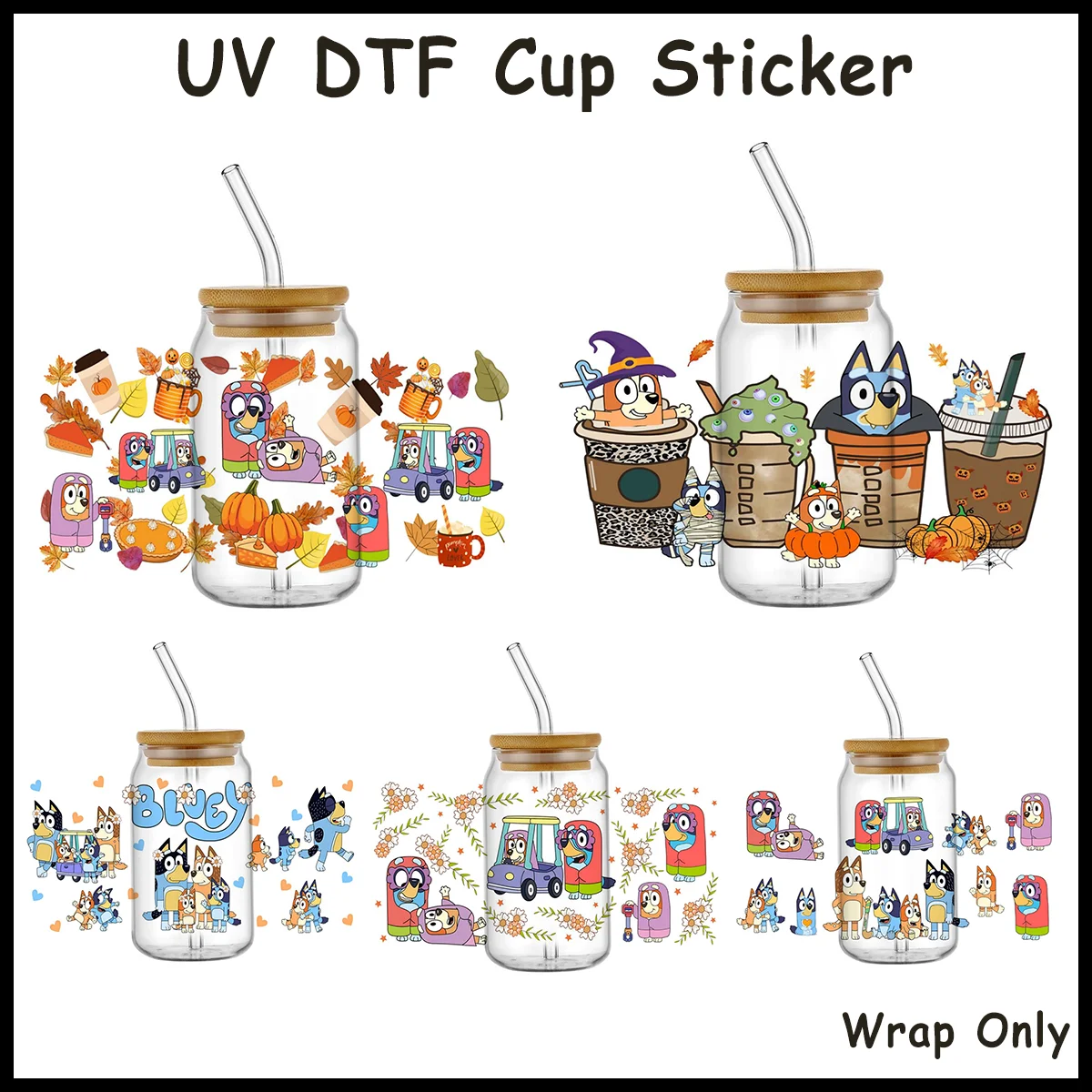 Cartoon Dog Granny Autumn Leaves UV DTF Libbey Wrap Decals for 16oz Glass Thanksgiving Cartoon 3D Transfer Stickers for Cup