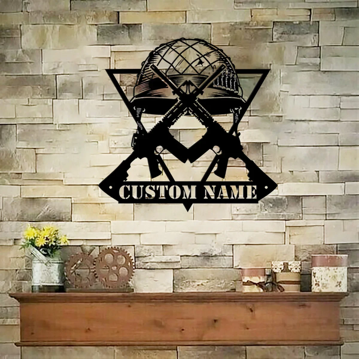 Custom Soldier Helmet Crossing Assault Rifles Metal Wall Art Personalized Army Name Sign Home Decor  Military Guns Cap