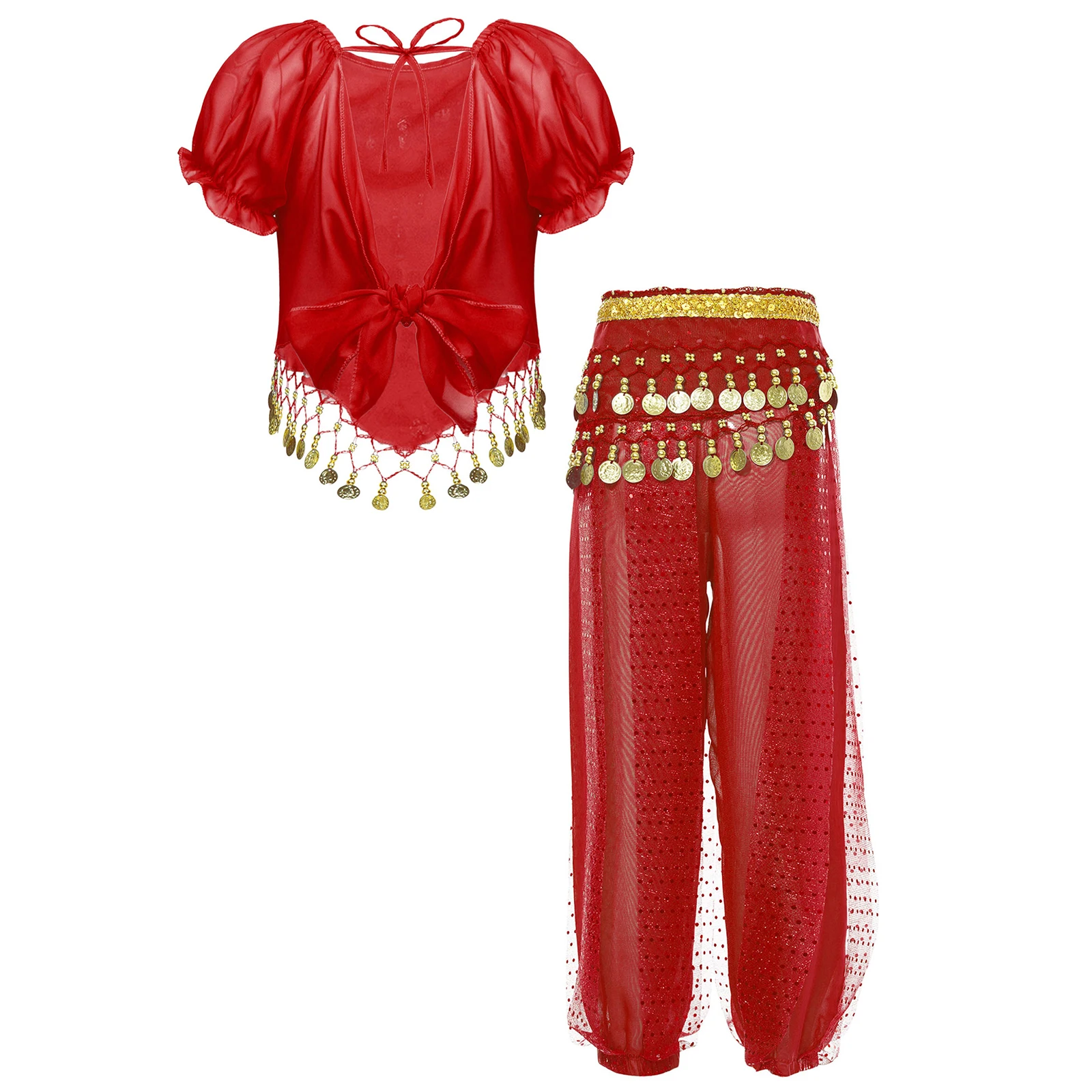 Meisjes Buikdans Kostuum Set Chiffon Kwastjes Crop Top Bloeiers Broek Taille Ketting Indian Dance Performance Dancewear