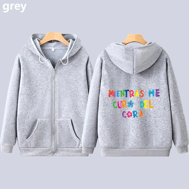 Karol G Mientras Me Curo Del Cora Text Fashion Print Zipper Sweatshirts Winter Clothing Gift For Fans