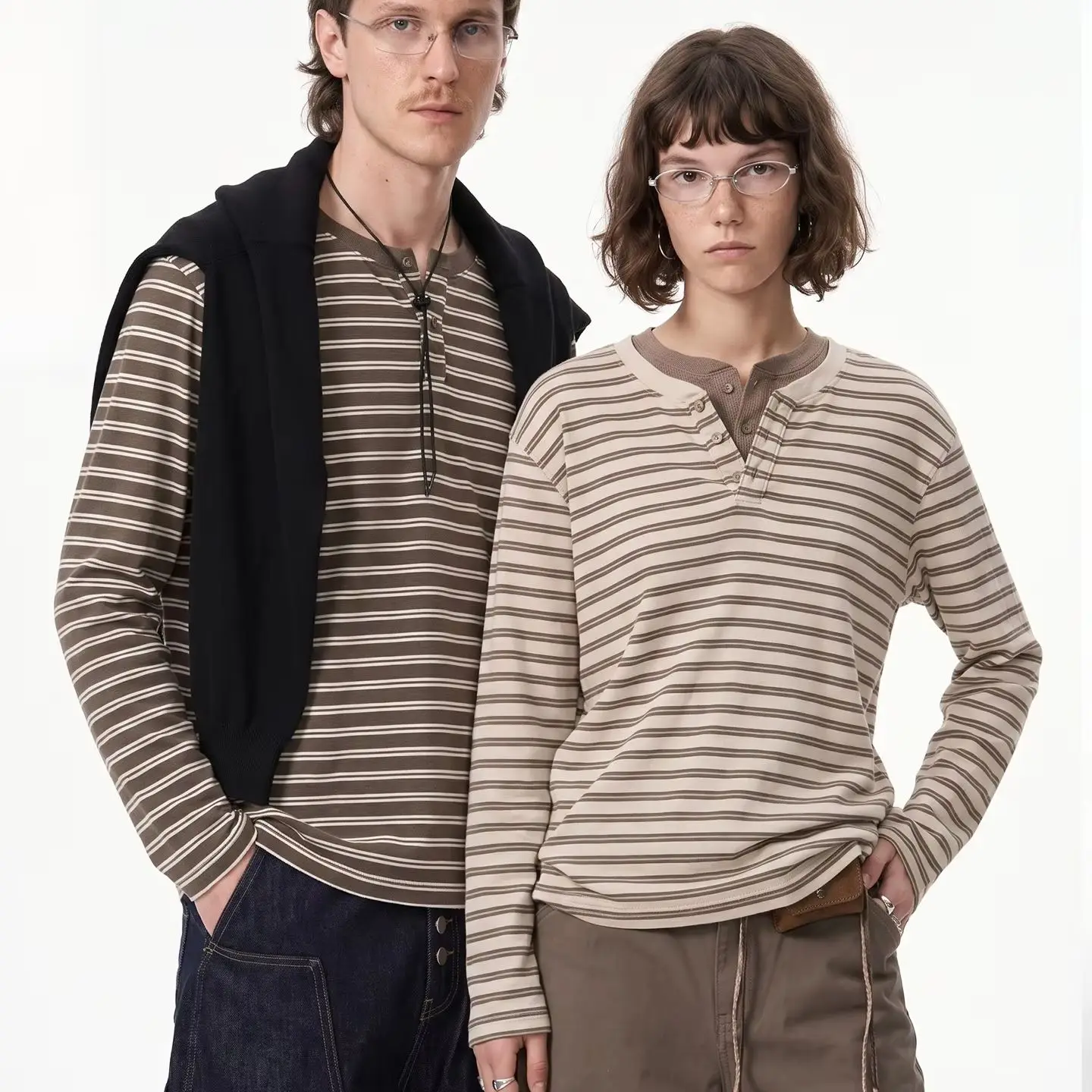 Striped Henley Collar Old Money Tee 2026 Autumn Premiere Japanese Vintage Contrast Shade Long‑Sleeve Garment Loose Daily Unisex
