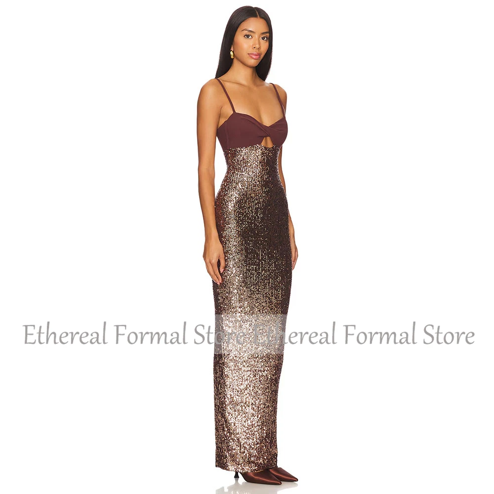 ثوب مسائي حديث مزين بالترتر البني لحفلات الزفاف حورية البحر السباغيتي الأشرطة فستان رسمي للحفلات طول الأرض بدون أكمام فستان سعودي
