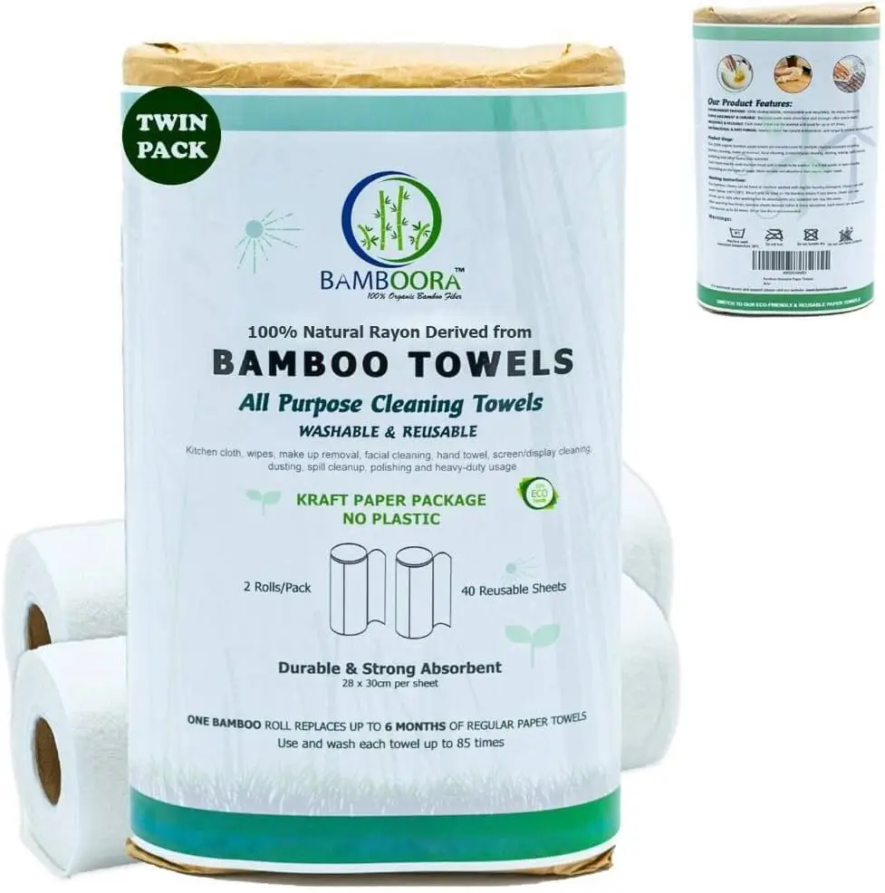 

Reusable Bamboo Rayon Towels - Pack of 2 Washable Kitchen Paper Towels, Lint Free, Zero Waste, Heavy Duty