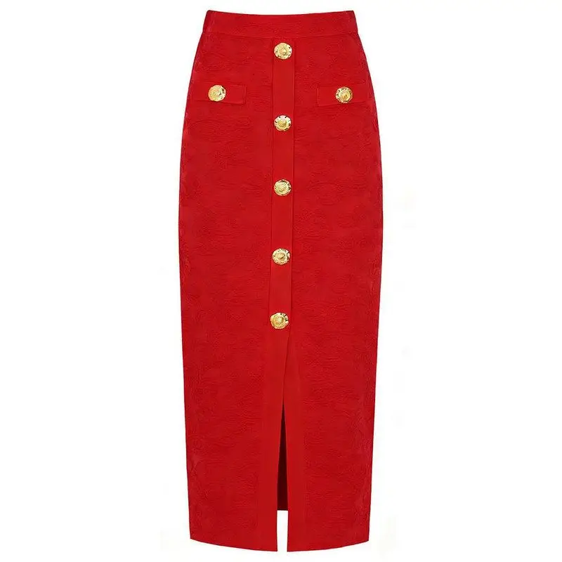 

High Quality Knitted Embroidered Slim Fit Skirt with Slits for Women Fashionable Spring Summer New Style Gold Button