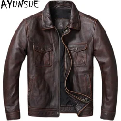 AYUNSUE Leather Jacket Men Clothing Cowhide Motorcycle Jackets Retro Style Autumn Short Coats Size S-6XL Veste Cuire Homme