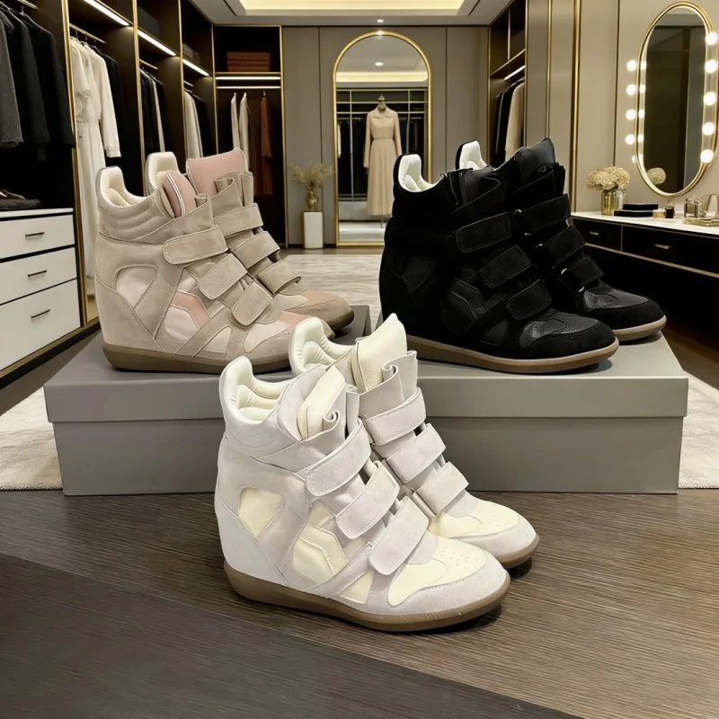 

Brand Leather High Top Women's Sport Shoes Autumn Winter Thick Bottom Magic Tape Casual Shoes Breathable Comfortable Ankle Botas