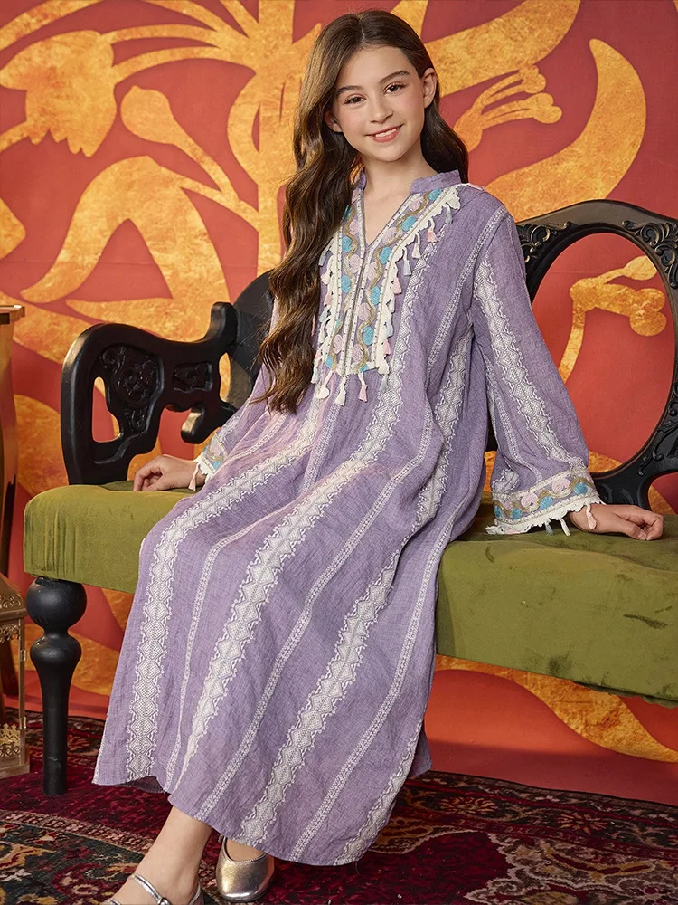 

Ethnic Muslim Kids Girls Abaya Embroidery Tassels Morocco Dress Kaftan Islamic Child Clothes Loose Jalabiya Arabic Robe Party