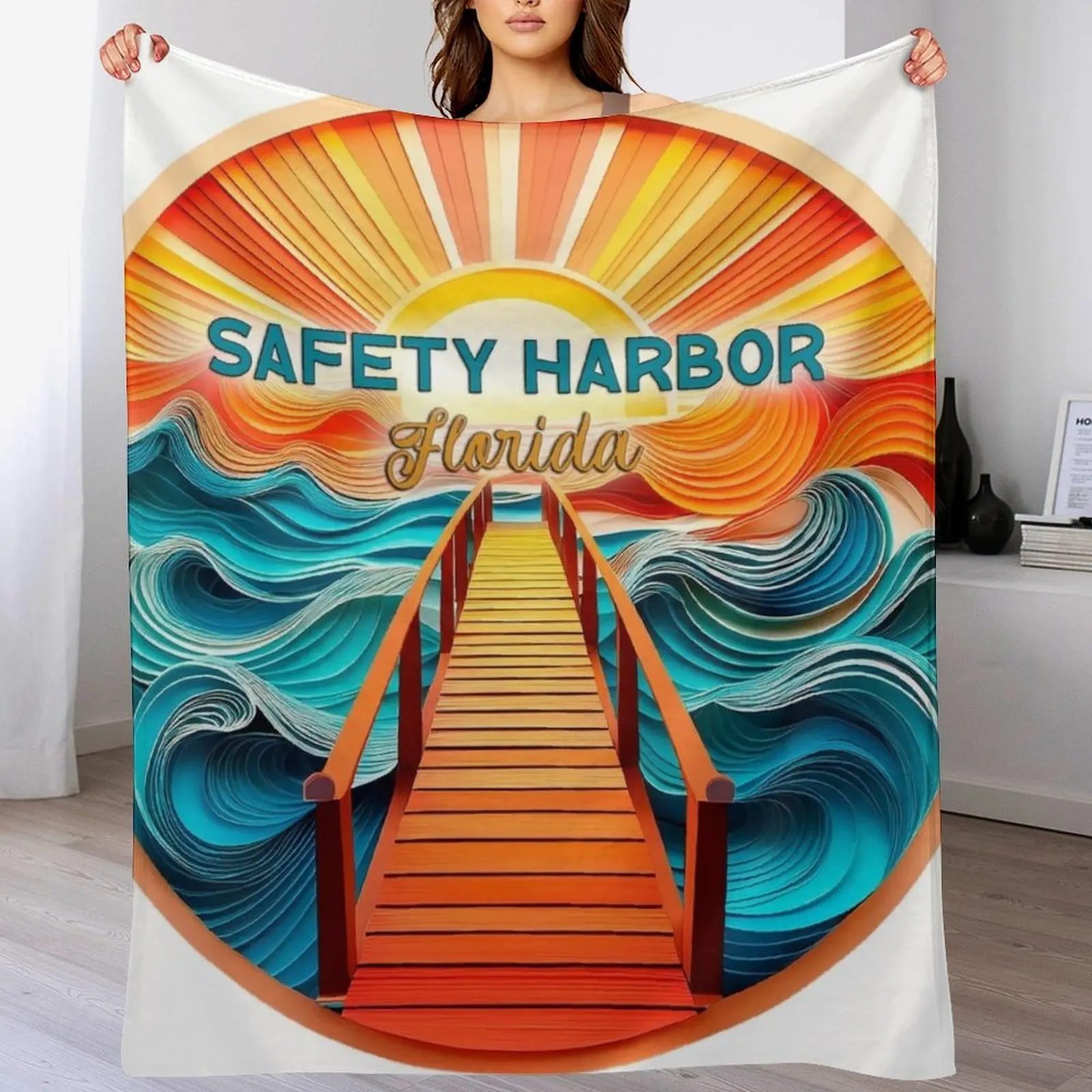 

Safety Harbor Florida Retro Vintage Sunset Artwork Throw Blanket Soft Sherpa Fleece Warm Blanket for Winter