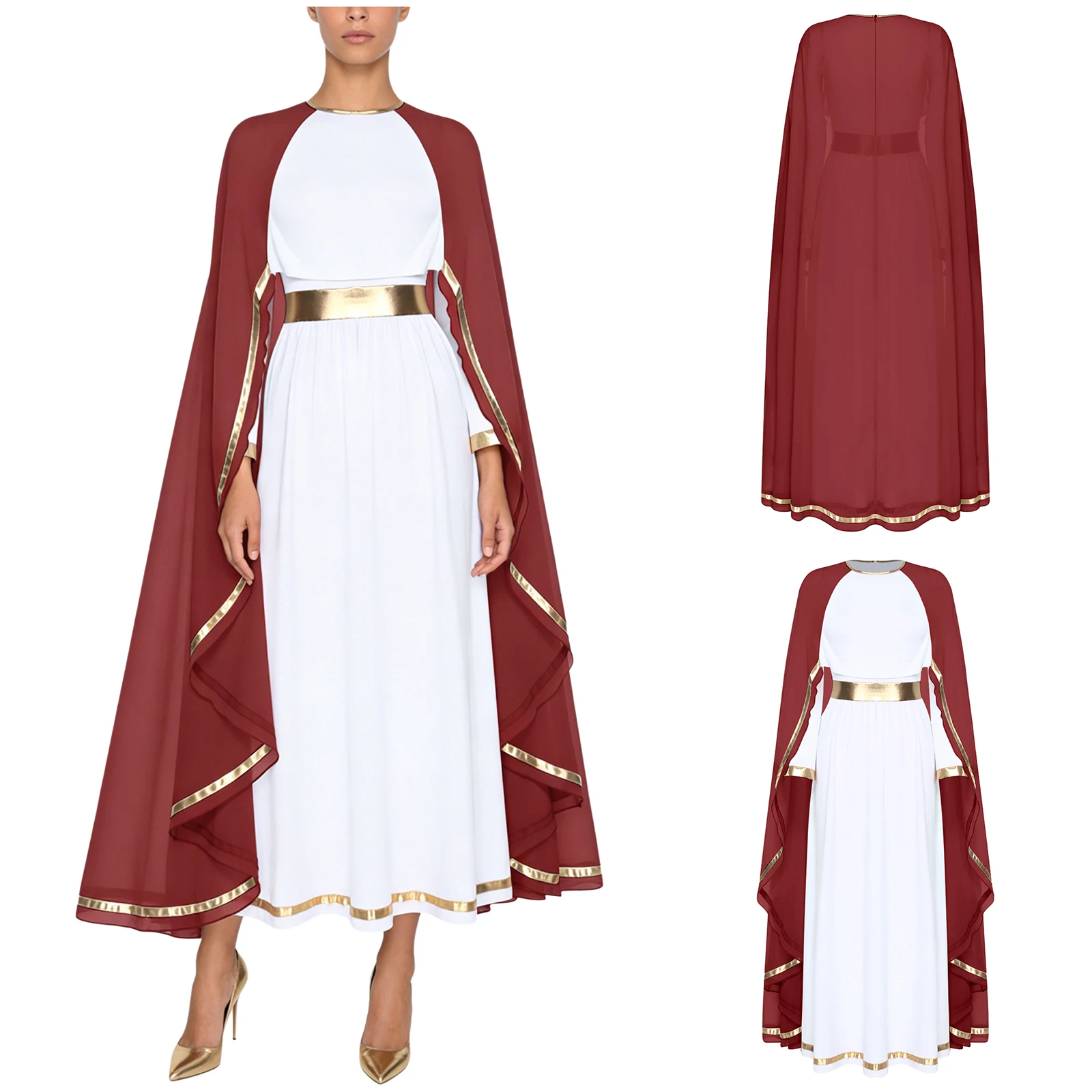 

Women Halloween Ancient Greek Roman Queen Egyptian Cosplay Dress Long Sleeve Metallic Trim Maxi Toga Dress for Carnival Party