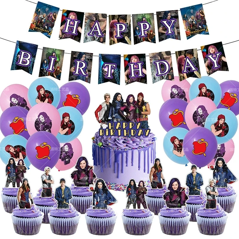 Movie Descendants 2 Theme Atmosphere Party Birthday Flag Pulling Birthday Cake Placement HouYi Balloon Scene Decoration Supplies