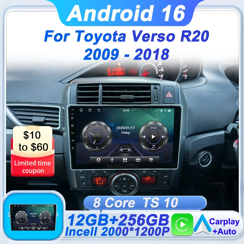 

2din Car Radio Multimedia Player For Toyota Verso R20 2009 - 2018 8 Core Android 16 8 Core GPS Navigation BT DSP Wifi Head Unit