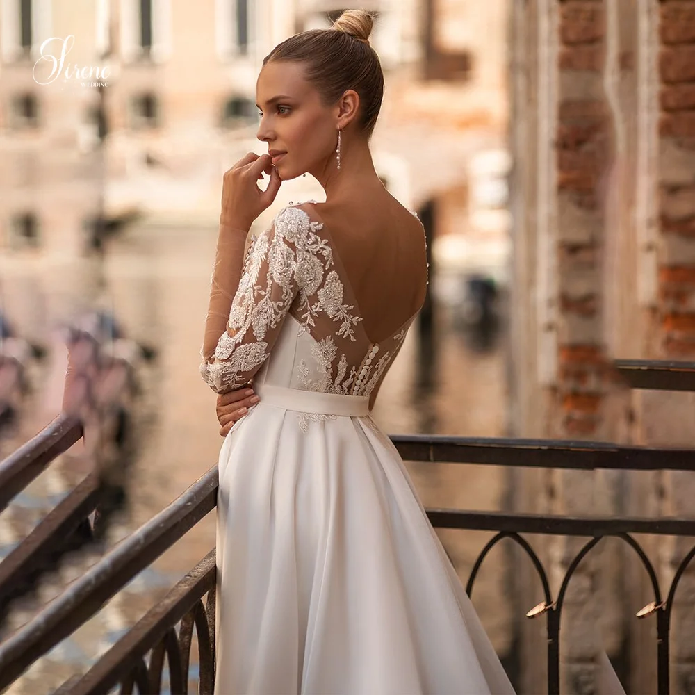 Sirene Einfache Moderne V-ausschnitt Spitze Lange Ärmel Illusion Satin Brautkleider mit Hohem Schlitz Elegante Vestidos De Novia Angepasst