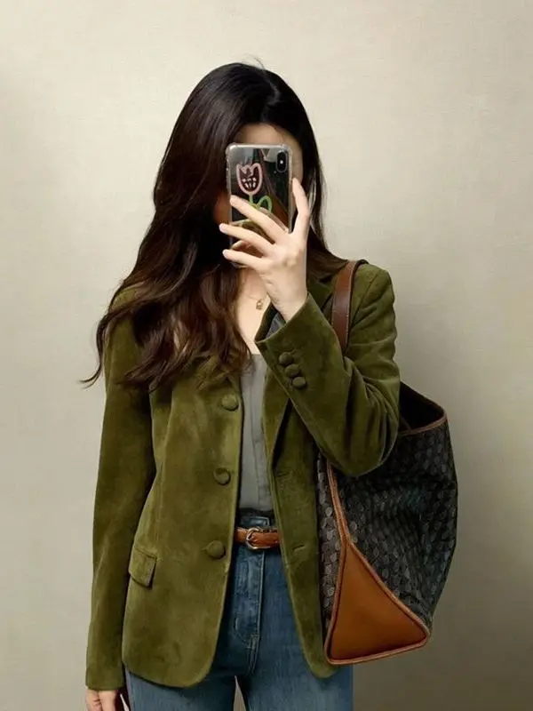 Retro Suede Vest Spring Commute Style Loose Fit Lapel Coat Women's Short Outerwear Button Closure Long Sleeve Fashionable