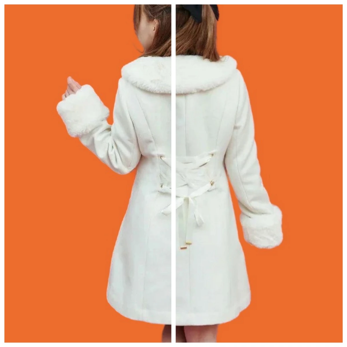 

Winter New Versatile Solid Color Mid-Length Wool Coat Cute Sweet Girls Pearl Button Furry Collar High Waist Slimming Overcoat