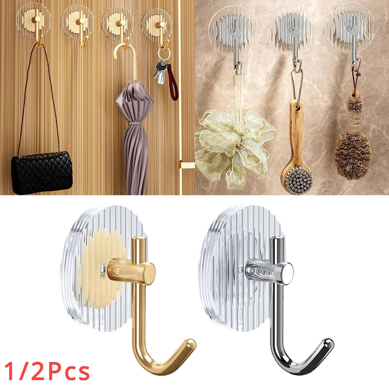 1/2Pcs Adhesive Wall Hooks Acrylic Shower Hooks for Hanging Gold / Silver Self-adhesive Hooks Towel Holder Bathroom Accessories