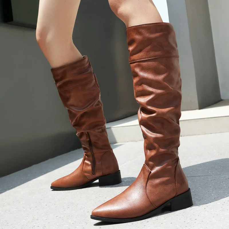 Women's Soft Leather PU Knee High Boots Fashion Pleated Slip on Winter High Boots Casual Low Heels Brown Long Slim Boots Ladies