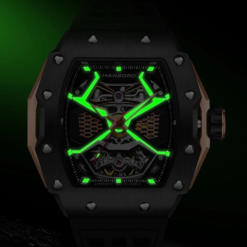 هانبورو ساعة أوتوماتيكية للرجال 43 مللي متر ساعة يد ميكانيكية مضيئة الهيكل العظمي الهاتفي تونيو حافظة مطاط مقاوم للماء حزام