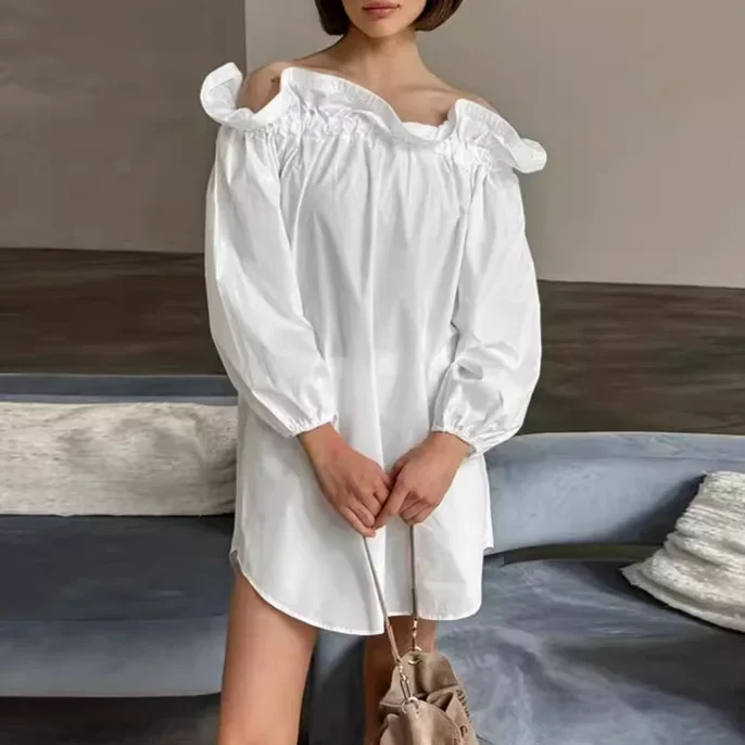 

French Style Cotton New Ruffled One Neck Long Sleeved Dress Women's Loose and Casual Temperament Commuting Dresses Summer