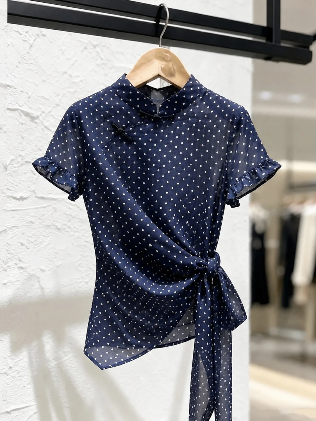 

Summer Commute Polka Dot Shirt Women's Slim Fit Tie Design Korean Style Short Sleeve Fashionable Vintage Top by SYLKL060222