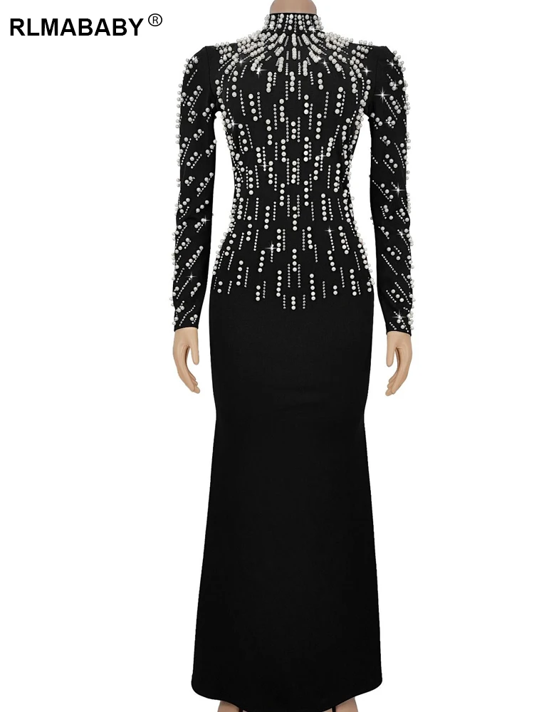 RLMABABY Elegant Party เพชรชุดยาวผู้หญิง O คอยาวแขนยาว Glitter Club ชุดราตรีสีดํา Sheath Maxi ชุด